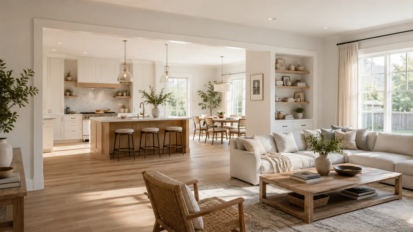 Espacio abierto de cocina, comedor y salón con luz natural