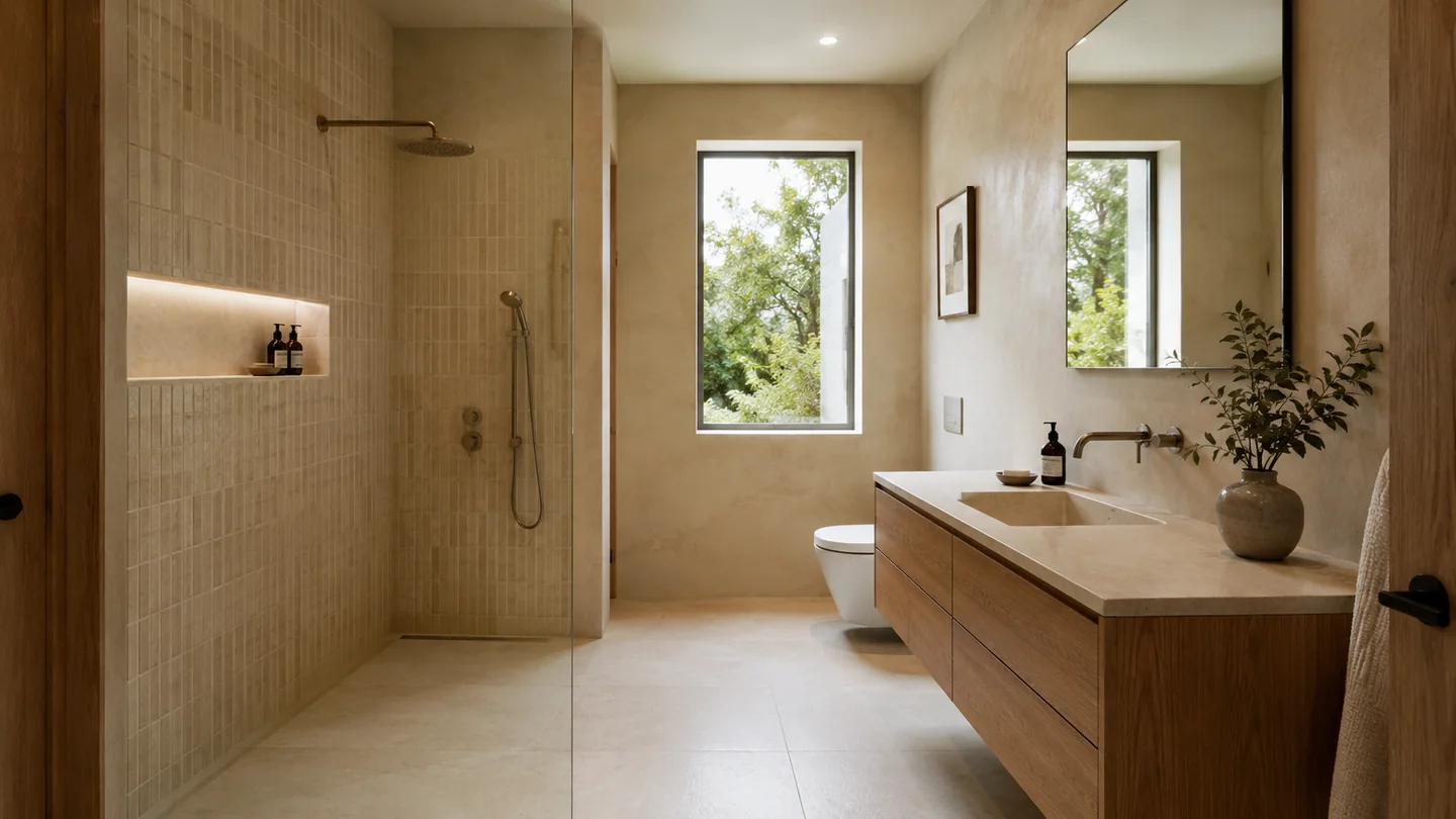 Baño contemporáneo con ducha a ras de suelo, madera y luz natural
