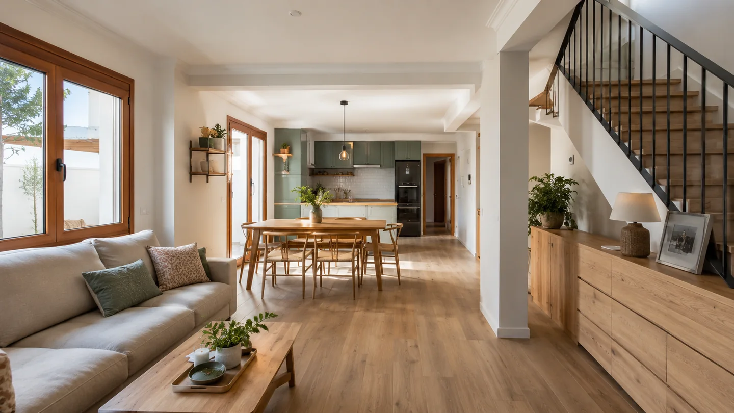 Casa familiar con salón, comedor, cocina y escalera integrados